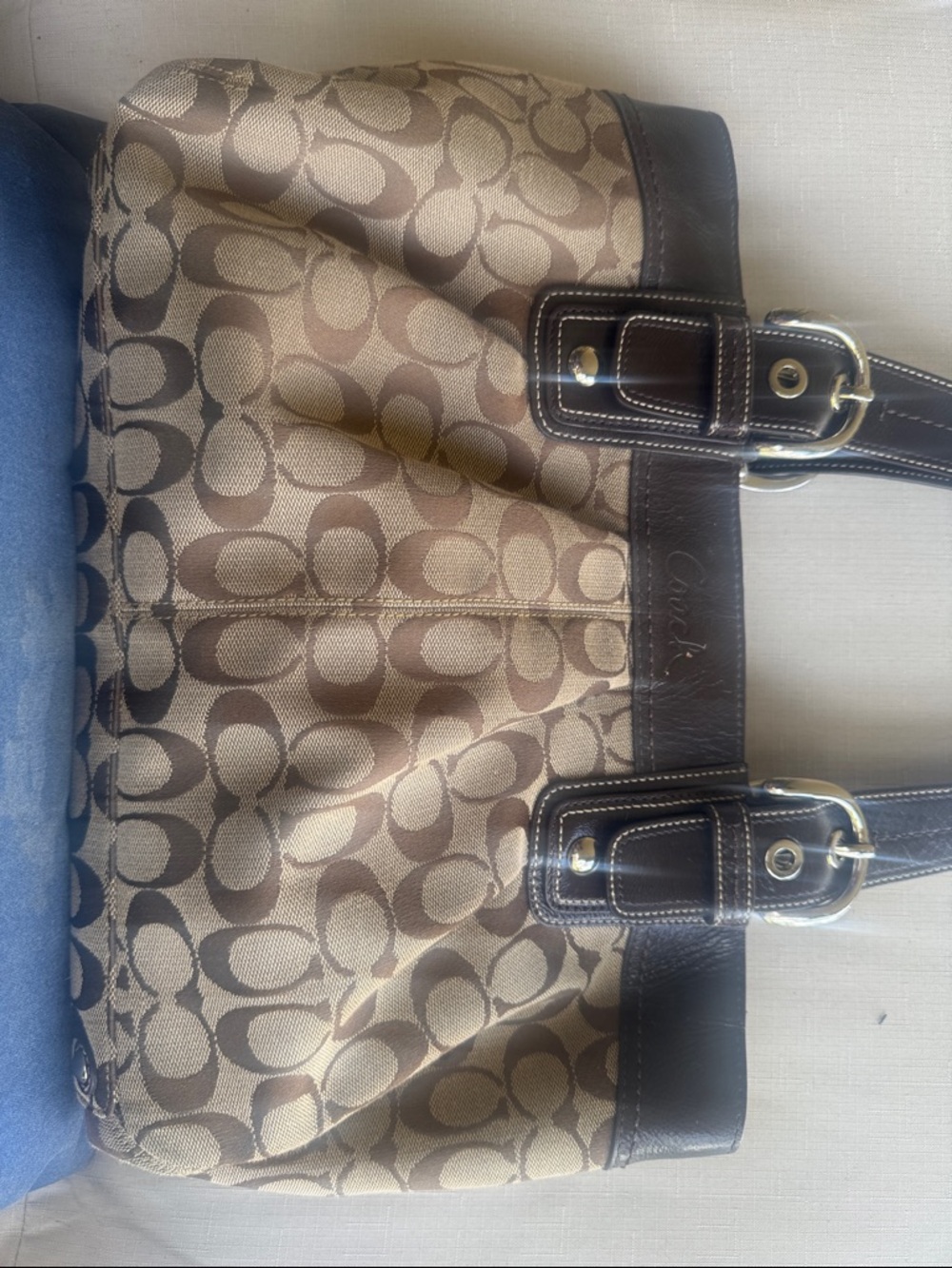 Coach Brown Signature Jacquard Tote with Dark Brown Leather Trim